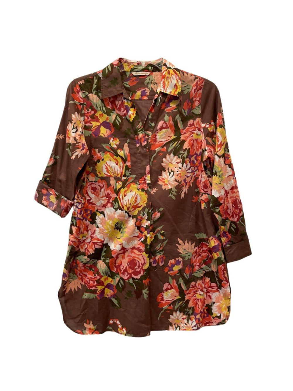 Soft Surroundings Womens Size Large Brown Floral Tunic Top Button Front Pockets - Picture 2 of 15